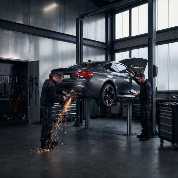 Mechanics tuning a performance car on a lift