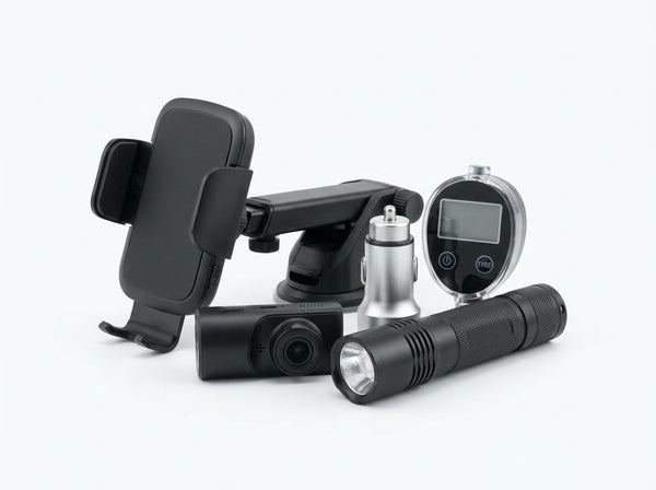Cluster of modern car accessories on white background