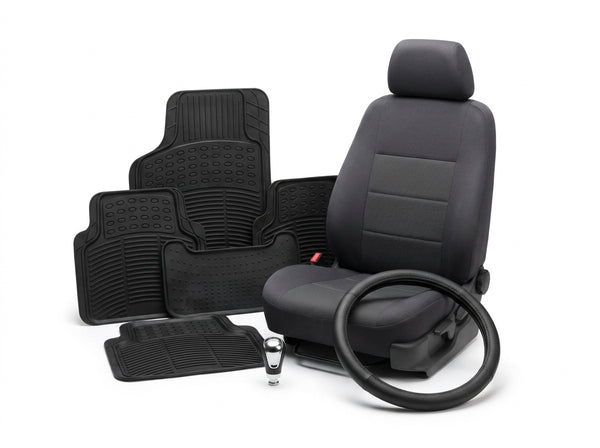 Cluster of car interior accessories on white background