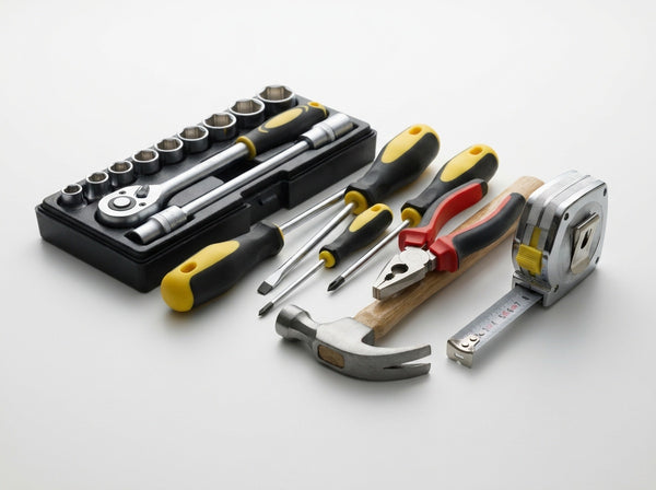 Cluster of car tools and equipment on white background