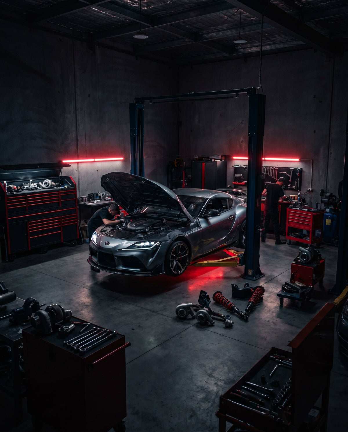 Performance car parts workshop, dark moody editorial